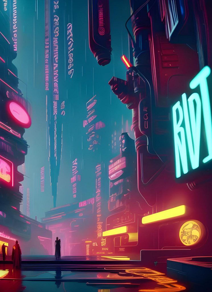 ai stable diffusion generated image of a cyber city, a large neon sign says "RIOT"